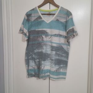 Amplify Logo V-Neck Tee - Light Blue & Gray Stripes Hawwian Print